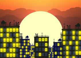 Silhouette of the city in late evening, buildings rooftops and evening sky with setting sun. vector illustration