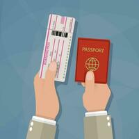 Boarding Pass and Passport in hands. travel concept. vector illustration in flat design on blue background