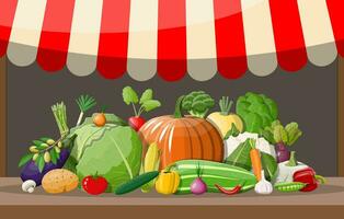 Wooden supermarket shelf with vegetables. Market stall with awning. Fresh organic food products. Cucumber tomato pumpkin garlic onion carrot corn pepper. Vector illustration in flat style