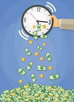 money bills and golden coins falling from the clock which shakes the hand of a businessman. time is money concept, time management. vector illustration in flat design on blue background