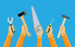 hands of workers holding building tools, ax, hammer, wrench, screwdriver, saw. manual workers protest. vector illustration in flat design