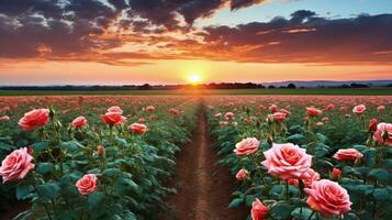 ai generado Rosa campo en el amanecer Mañana con hermosa cielo foto