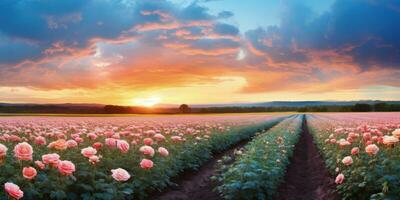 AI generated Rose field in the sunrise morning with beautiful sky photo