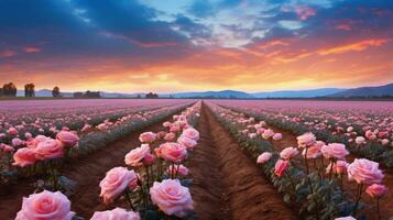 AI generated Rose field in the sunrise morning with beautiful sky photo