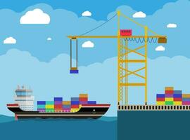 River ocean and sea freight shipping by water. cargo ship and container crane. Background with blue sky and clouds. vector illustration in flat style