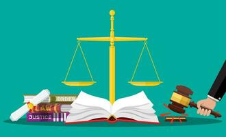 Law code books, justice scales and judge gavel. vector