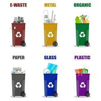 Diffrent waste recycling categories. Garbage bins in differend colors. Metal, glass, e-waste, plastic, paper, organic. vector illustration in flat style isolated on white