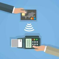 Pos terminal confirms the payment by debit credit card. Vector illustration in flat design on blue background. nfc payments concept