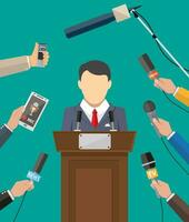 Public speaker and hands of journalists with microphones. Press conference concept, news, media, journalism. vector illustration in flat style on green background