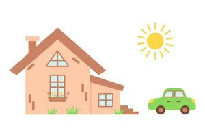 Sweet pastel home with car and sun. Cute cartoon fairytale dollhouse. Hand drawn vector illustration isolated on white background.