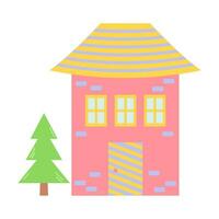 Pink sweet home with fir tree. Cute cartoon dollhouse. Hand drawn vector illustration isolated on white background.