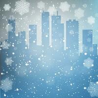 Blue Winter background with city scape silhouette snow and snowflakes,  template for greeting or postal card new year, vector illustration