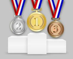 Set of gold, silver and bronze medals with digits on winners podium, vector illustration on grey background