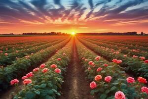 AI generated Rose field in the sunrise morning with beautiful sky photo