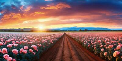 AI generated Rose field in the sunrise morning with beautiful sky photo