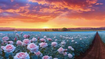 AI generated Rose field in the sunrise morning with beautiful sky photo