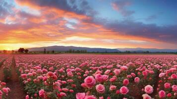 ai generado Rosa campo en el amanecer Mañana con hermosa cielo foto