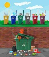 Ecological lifestyle concept. Can container, bag and bucket for garbage. Recycling and utilization equipment, trash segregation. Plastic garbage bin full of trash. Vector illustration flat style