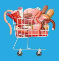 Shopping supermarket cart full of meat. Chop, sausages, bacon, ham. Marbled meat beef. Butcher shop, steakhouse, farm organic products. Grocery food. Pork fresh steak. Vector illustration flat style