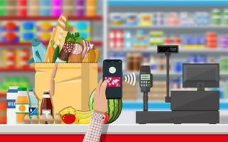 Pos terminal confirms payment by smartphone. Supermarket interior. Cashier counter workplace. Shelves with products. Cash register and keypad. Vector illustration in flat style