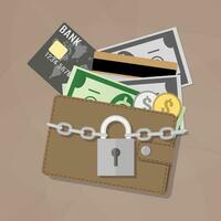 Closed brown leather wallet with dollar cash, coins, debit credit cards inside and locked silver pad lock with chain. vector illustration in flat design on brown background