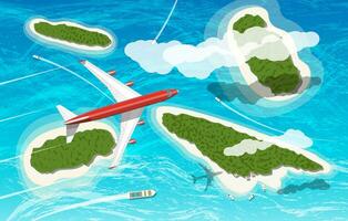 Airplane flies above few tropical islands with beaches and houses. Floating boats and ships. Aerial view. Clouds and ocean. Air journey or vacation concept. Vector illustration in flat style