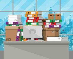 Pile of paper documents and file folders on office table. Carton boxes. Bureaucracy, paperwork, office. Cityscape. Vector illustration in flat style