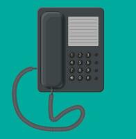 Office black wired phone. Classic plastic keypad. Office equpment. Communication technology. Vector Illustration in flat style