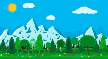 Summer nature landscape with mountains, forest, grass, flower, sky and clouds. National park. Vector illustration in flat style