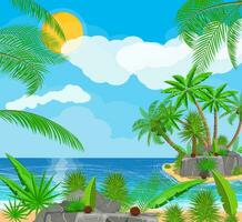Landscape of palm tree on beach. Sun with reflection in water and clouds. Exotic forest or jungle. Day in tropical place. Vector illustration in flat style