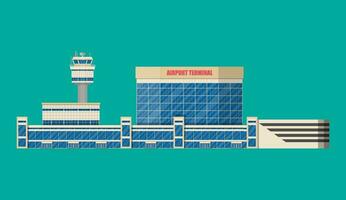 Airport control tower, terminal building and parking area. Vector illustration in flat style