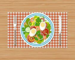 fresh vegetable salad with egg on plate. fork and knife. vector illustration in flat style on wooden background