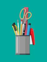 Pen holder office equipment. Ruler, knife, pencil, pen, scissors. Office supply stationery and education. Vector illustration flat style