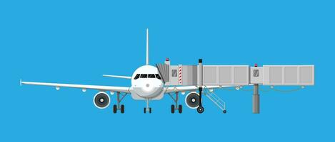 Airplane front view. Passenger or commercial jet with aero bridge or jetway. Telescopic ladder for airport. Ramp, gate, aerobridge. Airport terminal services. Vector illustration in flat style