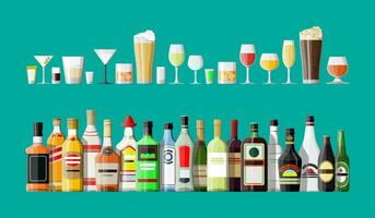 Alcohol drinks collection. Bottles with glasses. Vodka champagne wine whiskey beer brandy tequila cognac liquor vermouth gin rum absinthe sambuca cider bourbon. Vector illustration in flat style.