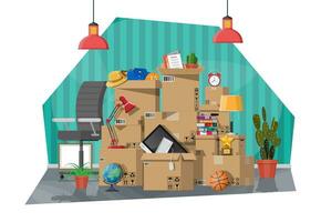 Moving to new house. Family relocated to new home. Paper cardboard boxes with various household thing. Package for transportation. Computer, lamp, clothes, books. Vector illustration in flat style