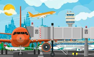 Plane before takeoff. Airport control tower, jetway, terminal building and parking area. Cityscape. Sky with clouds and sun. Vector illustration in flat style