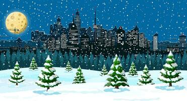 Christmas winter cityscape, snowflakes and trees. City park snow alley and buildings. Happy new year decoration. Merry christmas holiday. New year and xmas celebration. Vector illustration flat style