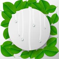 Green leaves background and silcer circle space for text in center with water drops, eco concept, spring fresh, vector illustration