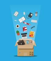 Moving to new office. Cardboard box with folder, document paper, contract, calculator, pen and pencils, eyeglasses, book, ring binder, phone. Keyboard, mouse cactus Vector illustration in flat style