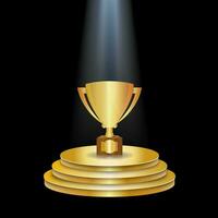 Gold winner Podium With Trophy Cup and light. Vector illustration on black background