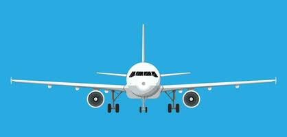 Airplane front view. Passenger or commercial jet isolated on blue. Aircrfat in flat style. Vector illustration