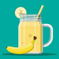 Jar with banana smoothie with striped straw. Glass for cocktails with handle. Banana fresh fruit. Vector illustration in flat style