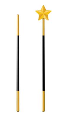 Illusionist magical stick with sparkle. Miracle wizard wand tool rod. Circus, magical show, comedy. Vector illustration in flat style