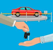 hand gives car keys to another hand. buy, rental or lease a car. Exhibition Pavilion, showroom or dealership with red car, vector illustration in flat style.