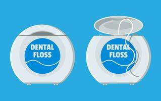 Dental floss in box. Plastic container with thread for tooth. Oralcare equipment. Vector illustration in flat style