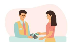 Seller holds POS-terminal and customer pays by card. Contactless payment, wireless and mobile transaction with NFC technology. Cartoon Flat Vector Illustration.