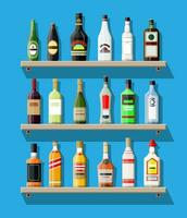 Alcohol drinks collection. Bottles on shelf. Vodka champagne wine whiskey beer brandy tequila cognac liquor vermouth gin rum absinthe sambuca cider bourbon. Vector illustration in flat style.