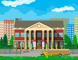 Classical school building and cityscape. Brick facade with clocks. Public educational institution and bus. College or university organization. Tree, clouds, sun. Vector illustration in flat style