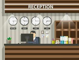 interior of wooden reception with receptionist, computer, pen, safety boxes, clocks, document paper. hotel hostel lobby, tourism concept, vector illustration in flat design